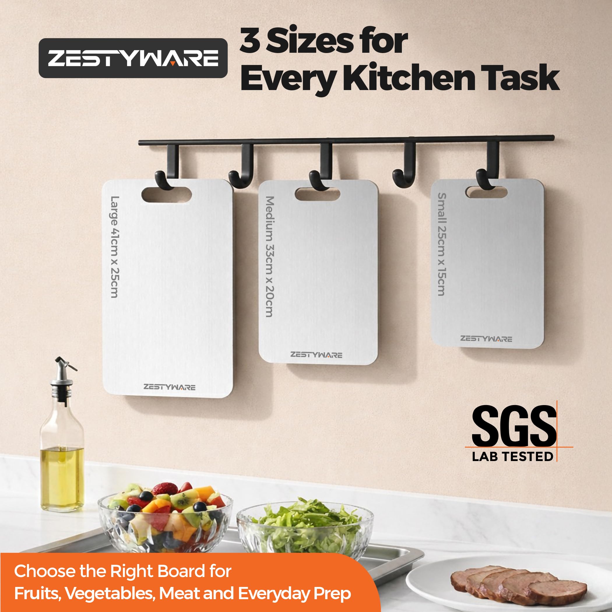 ZESTYWARE titanium board with knife to show blade-friendly smooth surface