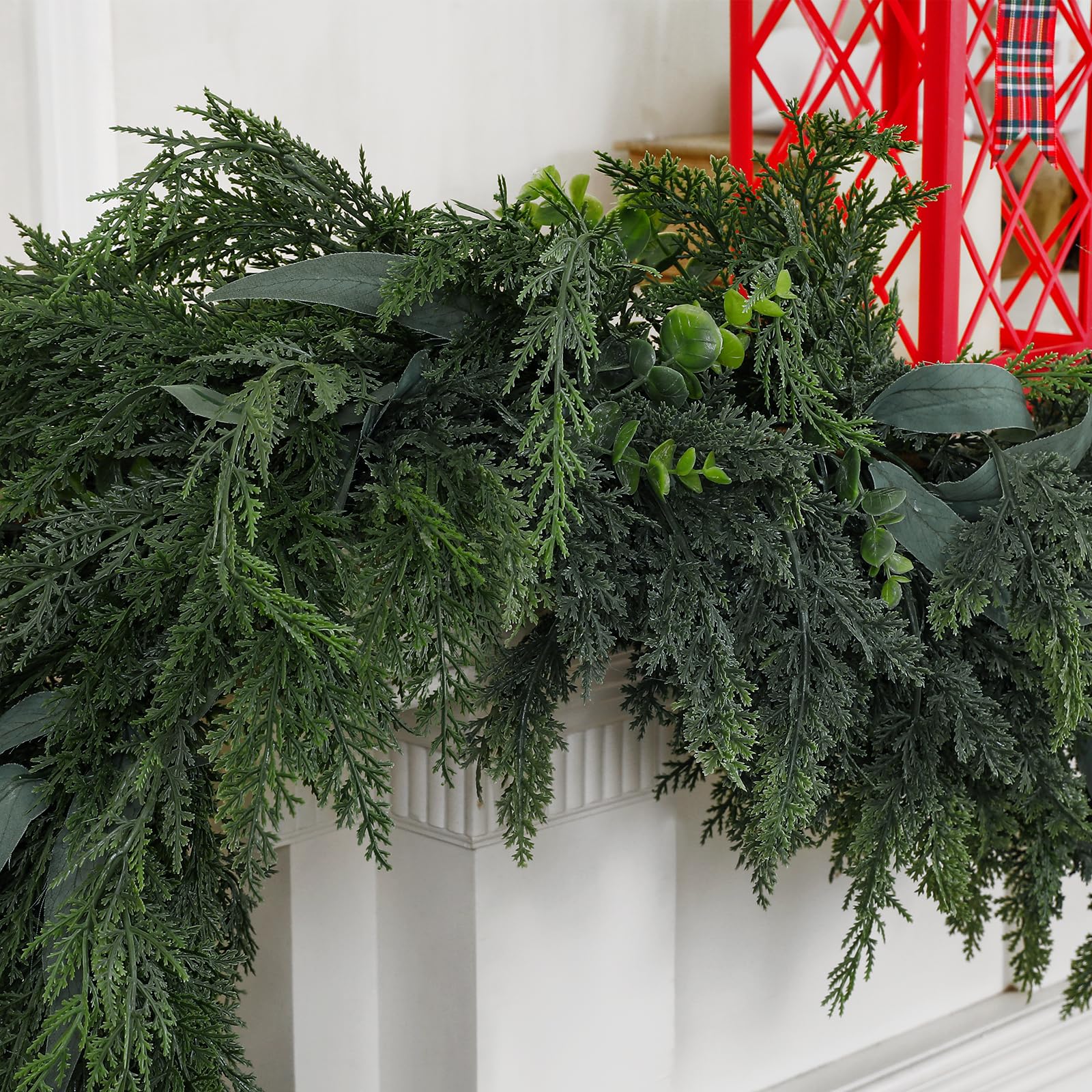 Zesua cedar garland wrapped around banister demonstrating flexible shaping benefit