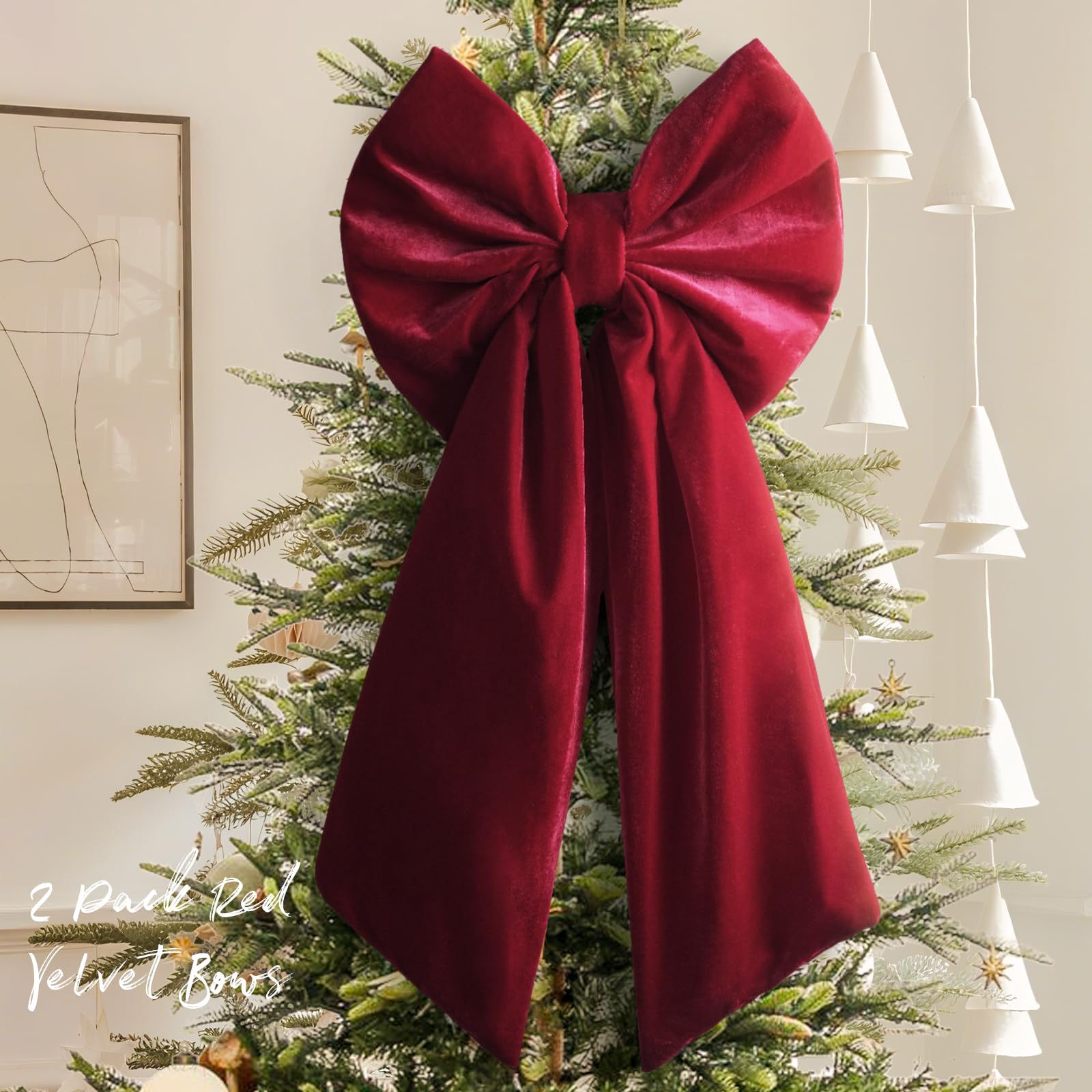 Zesua front view of two large red velvet bows enhances entryway decor