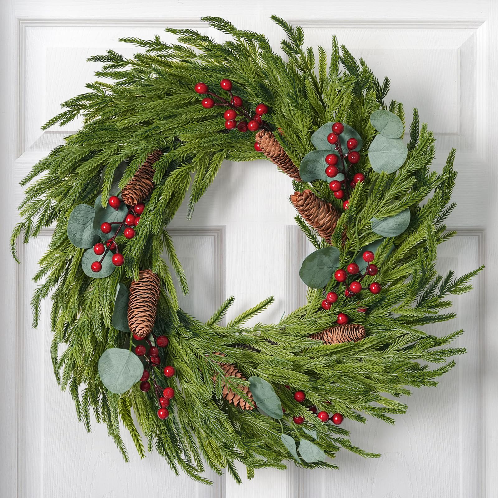 Zesua front view of 22-inch Norfolk Pine wreath, festive curb appeal