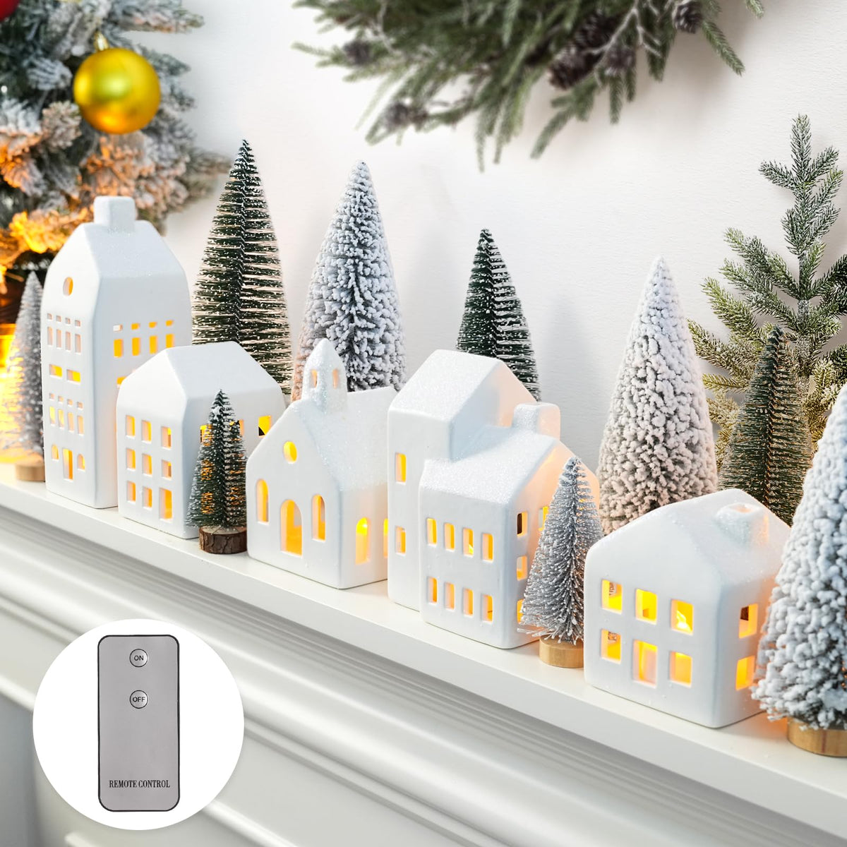 Zesua front view of five lighted houses showing cozy glow and festive charm