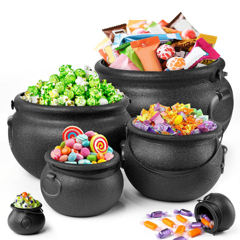 Zesua front view of six black cauldrons showing size variety and festive appeal