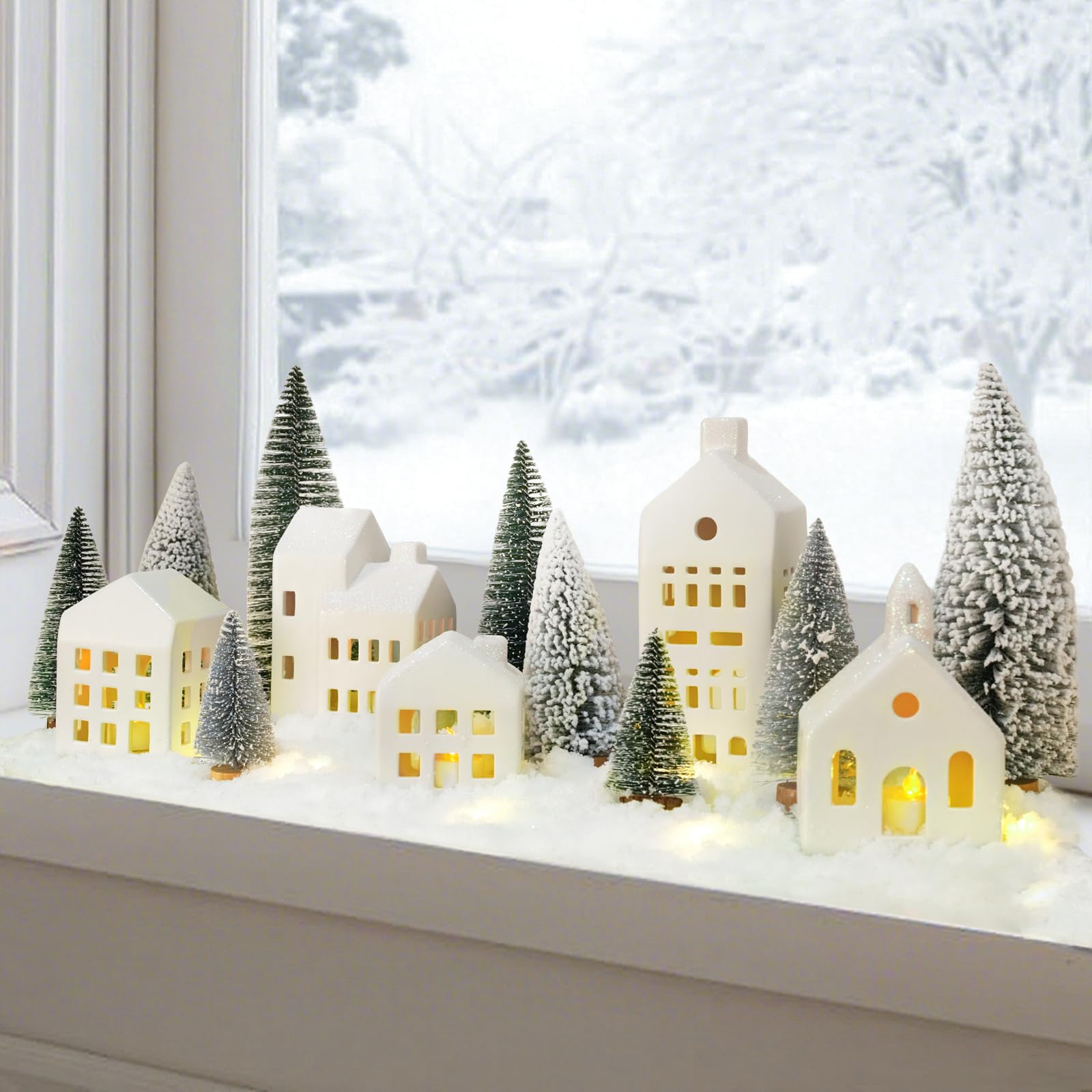 Zesua mini snowy trees next to houses showing realistic scaled scene