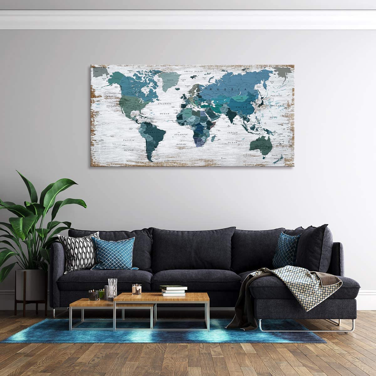 ZEYDRT map installed above sofa demonstrating stylish living room focal point