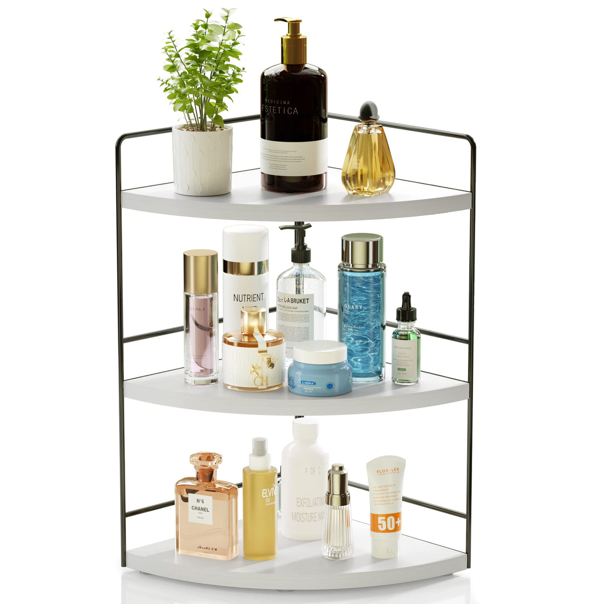 ZGO front view of white 3-tier countertop organizer showing tidy bottles and easy access