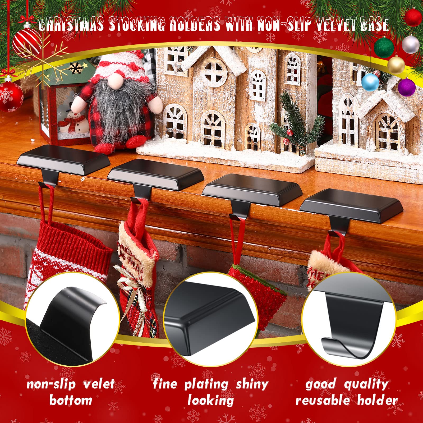 Zhengmy stocking holders on a mantel holding Christmas stockings securely