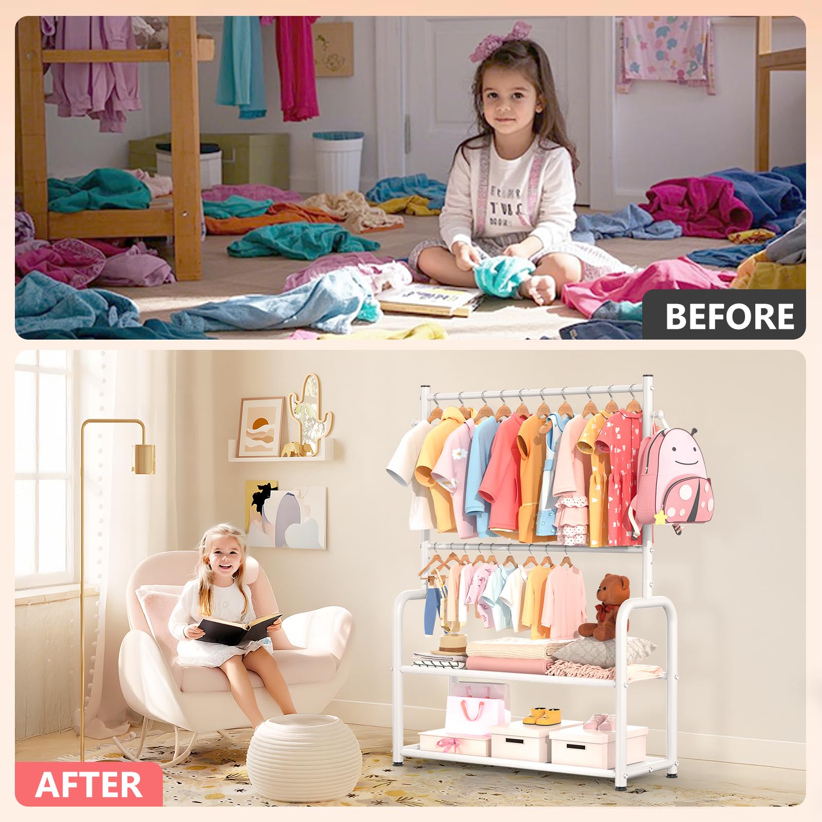 ZHKINGGS kids choosing outfit from rack encouraging independence and visible selection