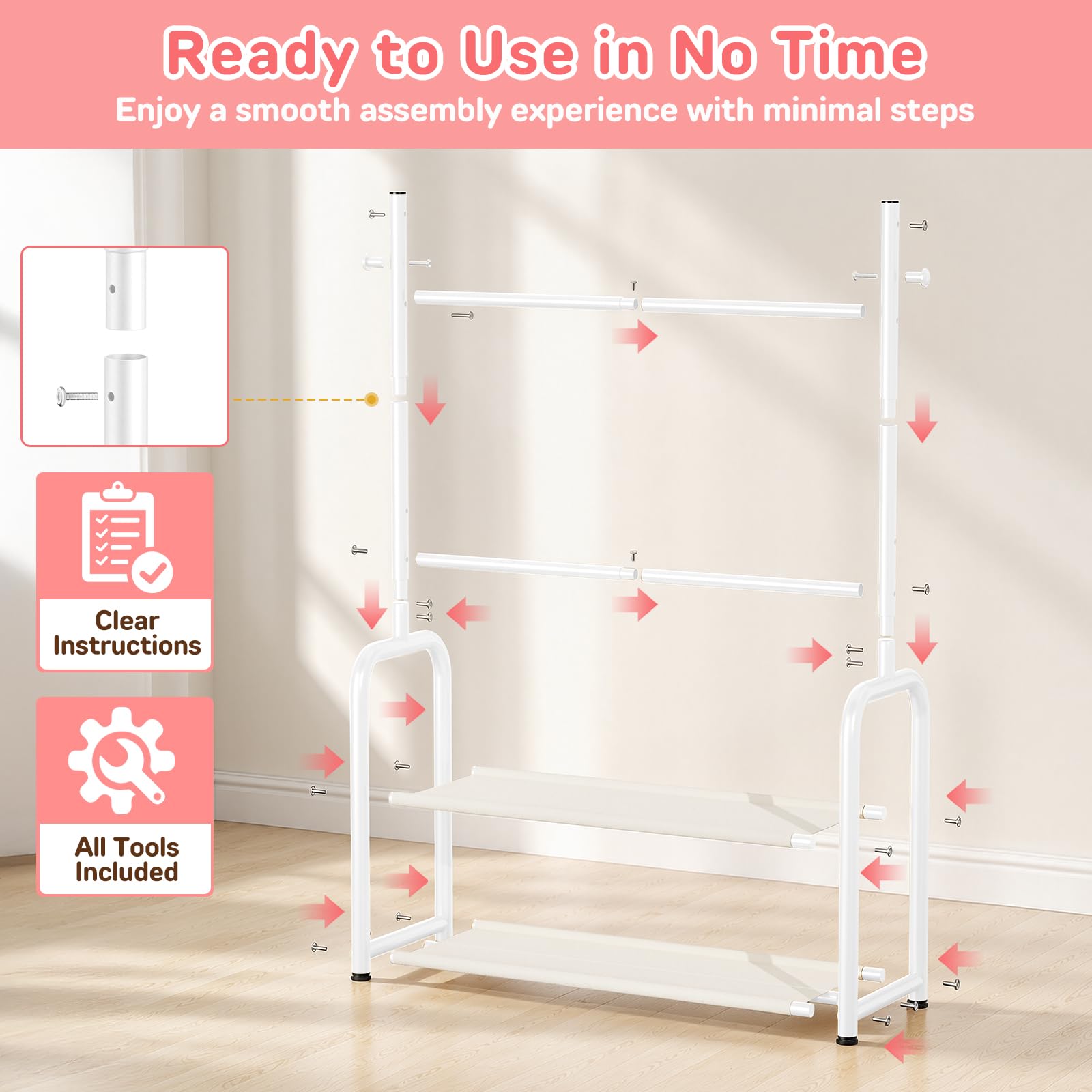ZHKINGGS tall dress hung after lower rod removed showing longer garment clearance benefit