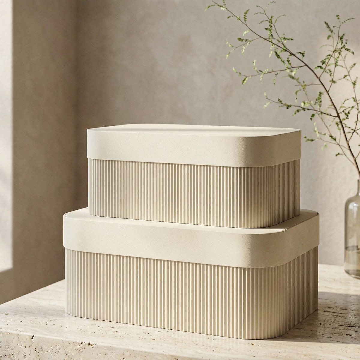 ZICOTO front view of two fluted storage boxes showing organized aesthetic and accessibility