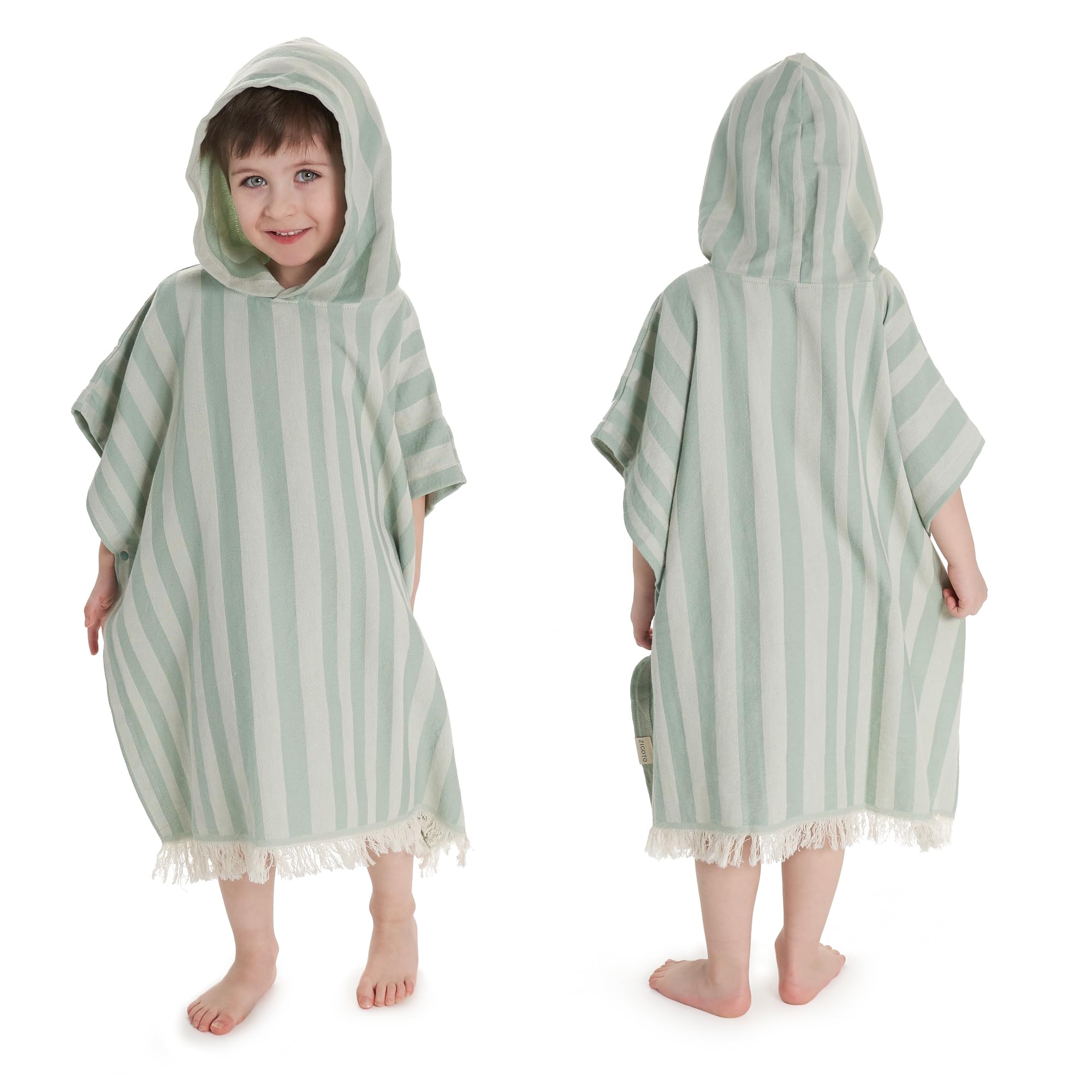 ZICOTO front view hooded towel shows playful stripes and cozy fit