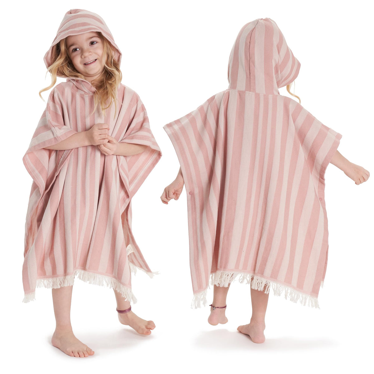 ZICOTO front view hooded towel showing full poncho fit and playful stripes benefit comfort