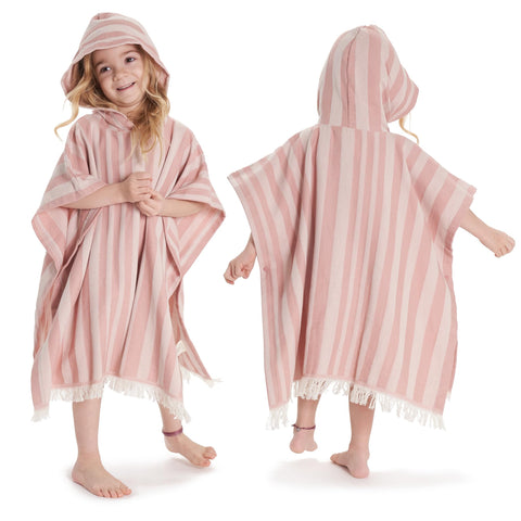 ZICOTO front view hooded towel showing full poncho fit and playful stripes benefit comfort