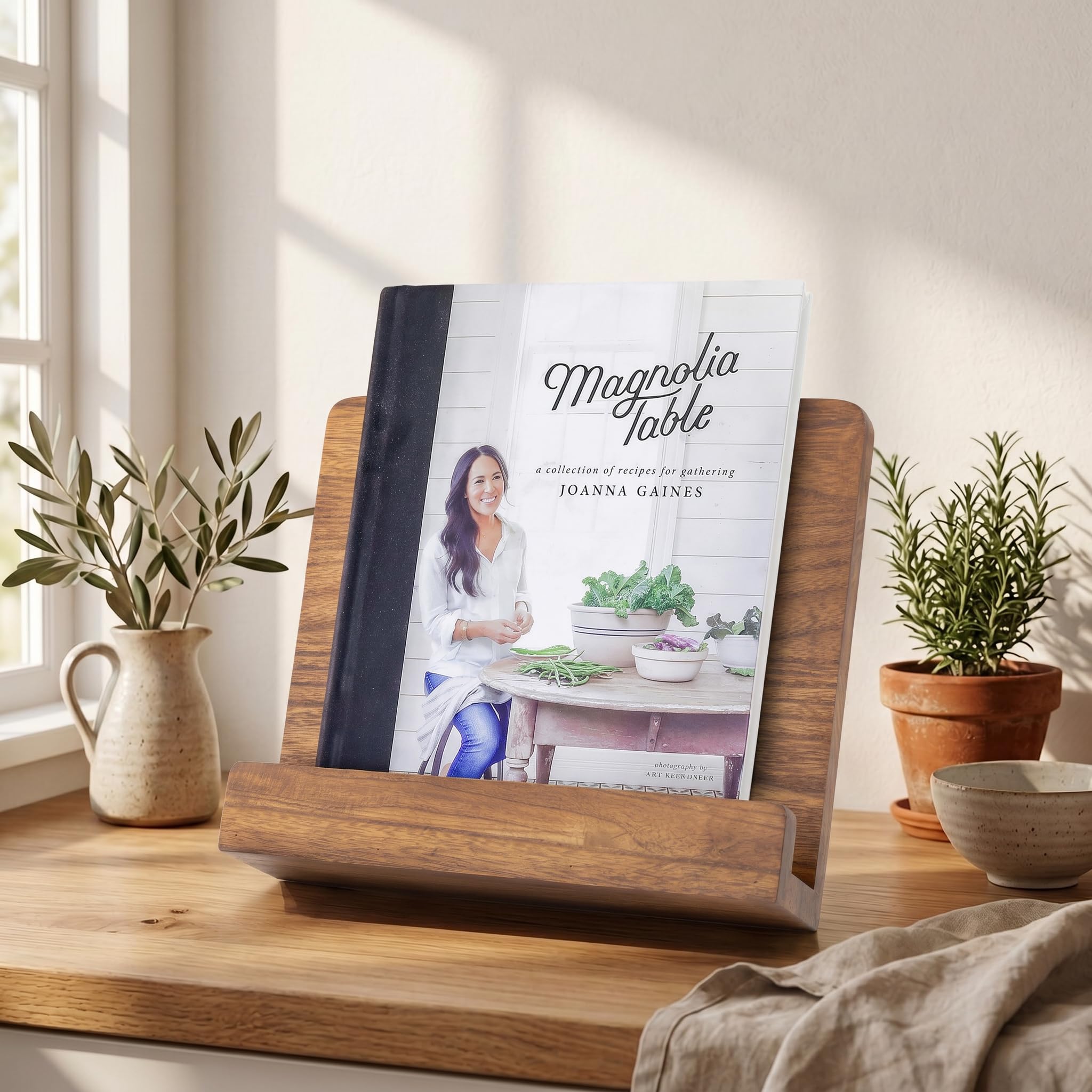 ZICOTO front view of walnut stand showing hands-free recipe display