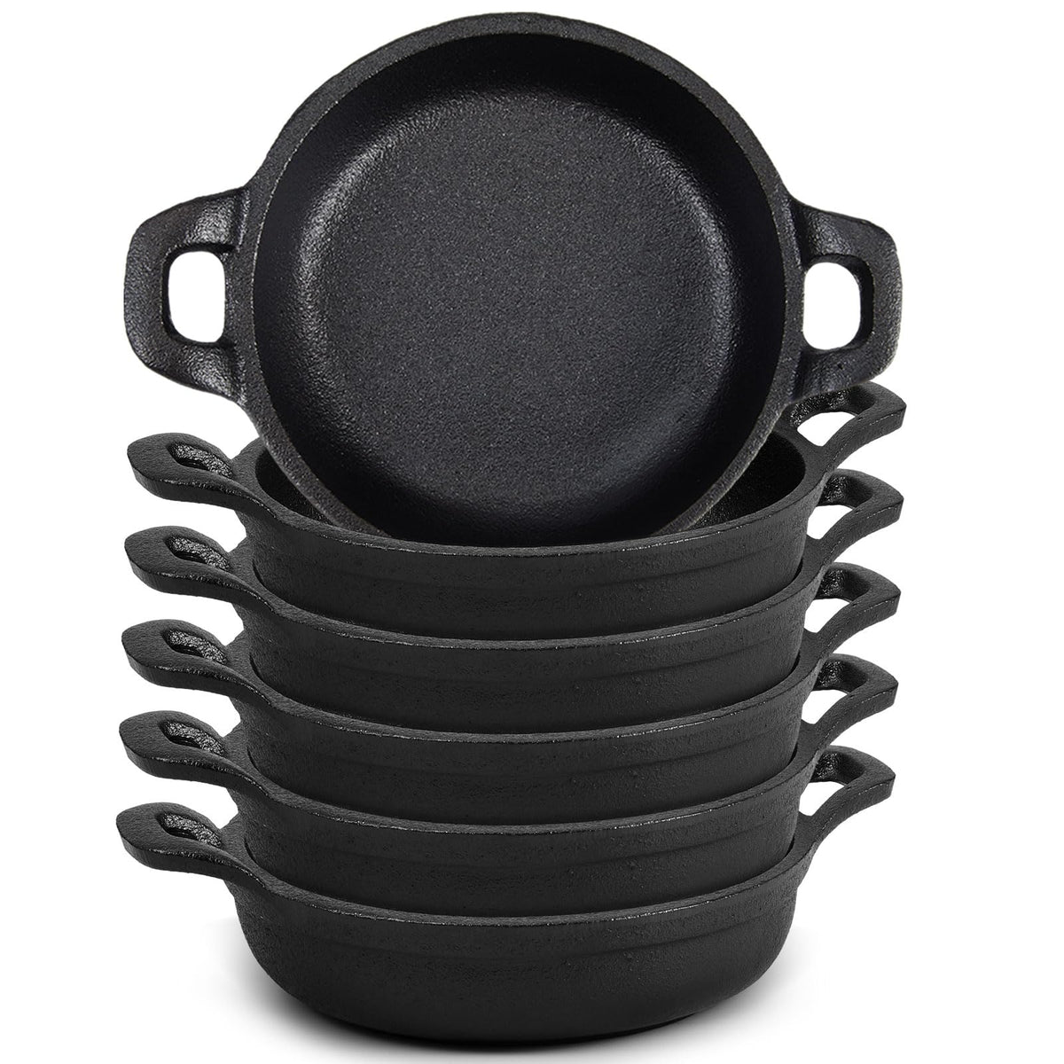Ziliny front view of six mini cast iron skillets showing classic black finish and set benefit