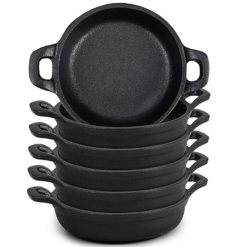 Ziliny front view of six mini cast iron skillets showing classic black finish and set benefit
