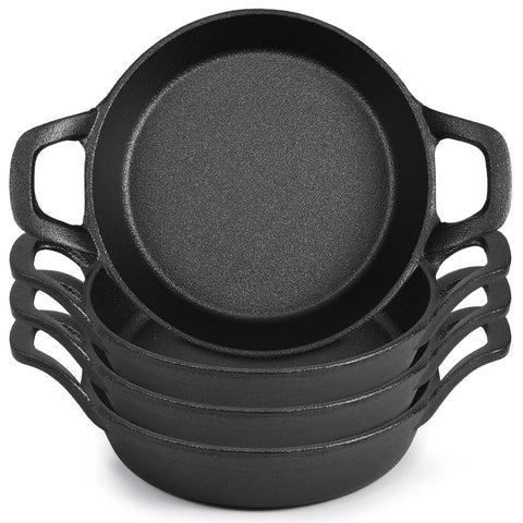 Ziliny front view of four mini cast iron skillets showing durable construction and value