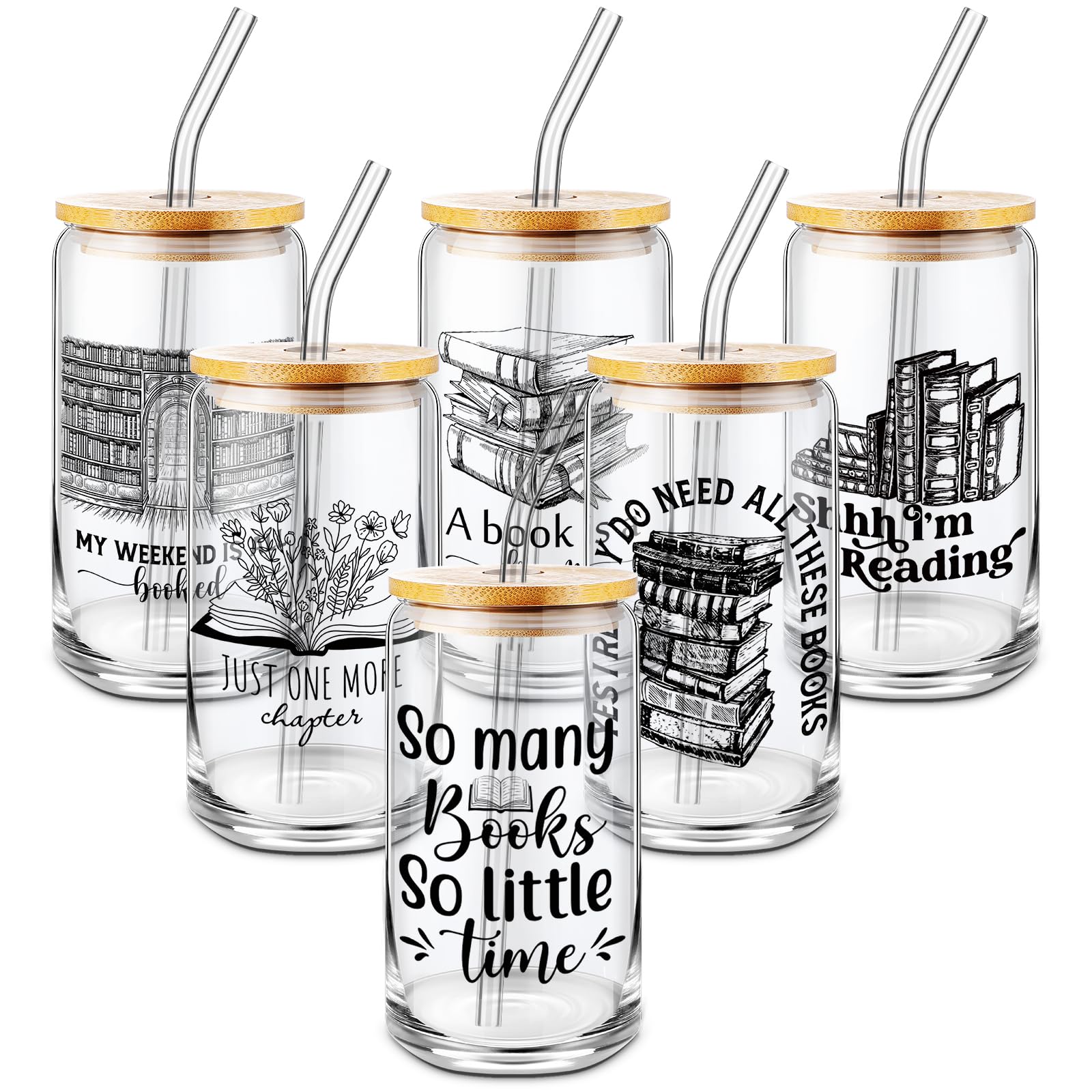 Ziliny front view of book-lover mason jar showing clear glass and reading motif, stylish serving