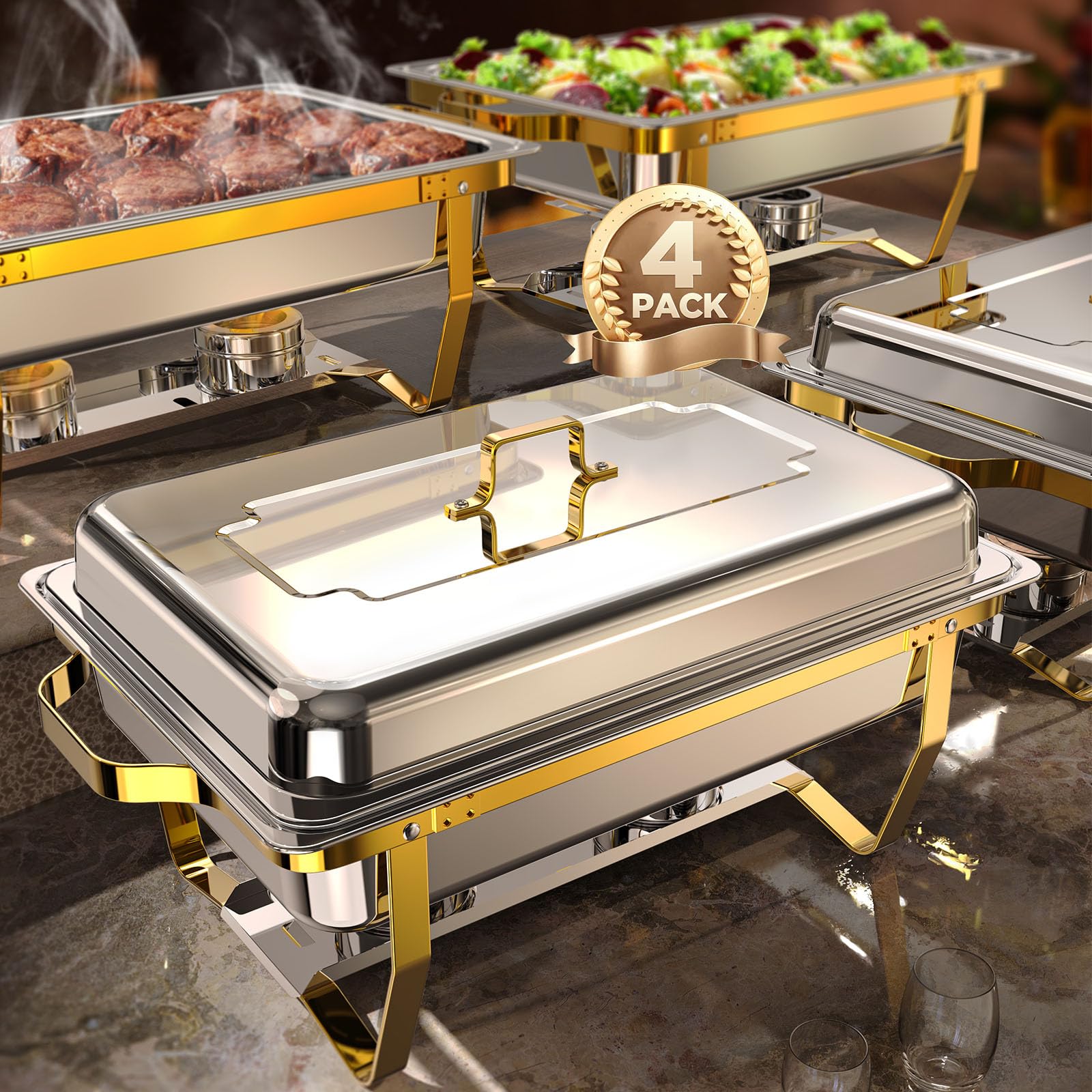 ZILODE front view of 4-pack chafing dishes showing elegant buffet setup and professionalism