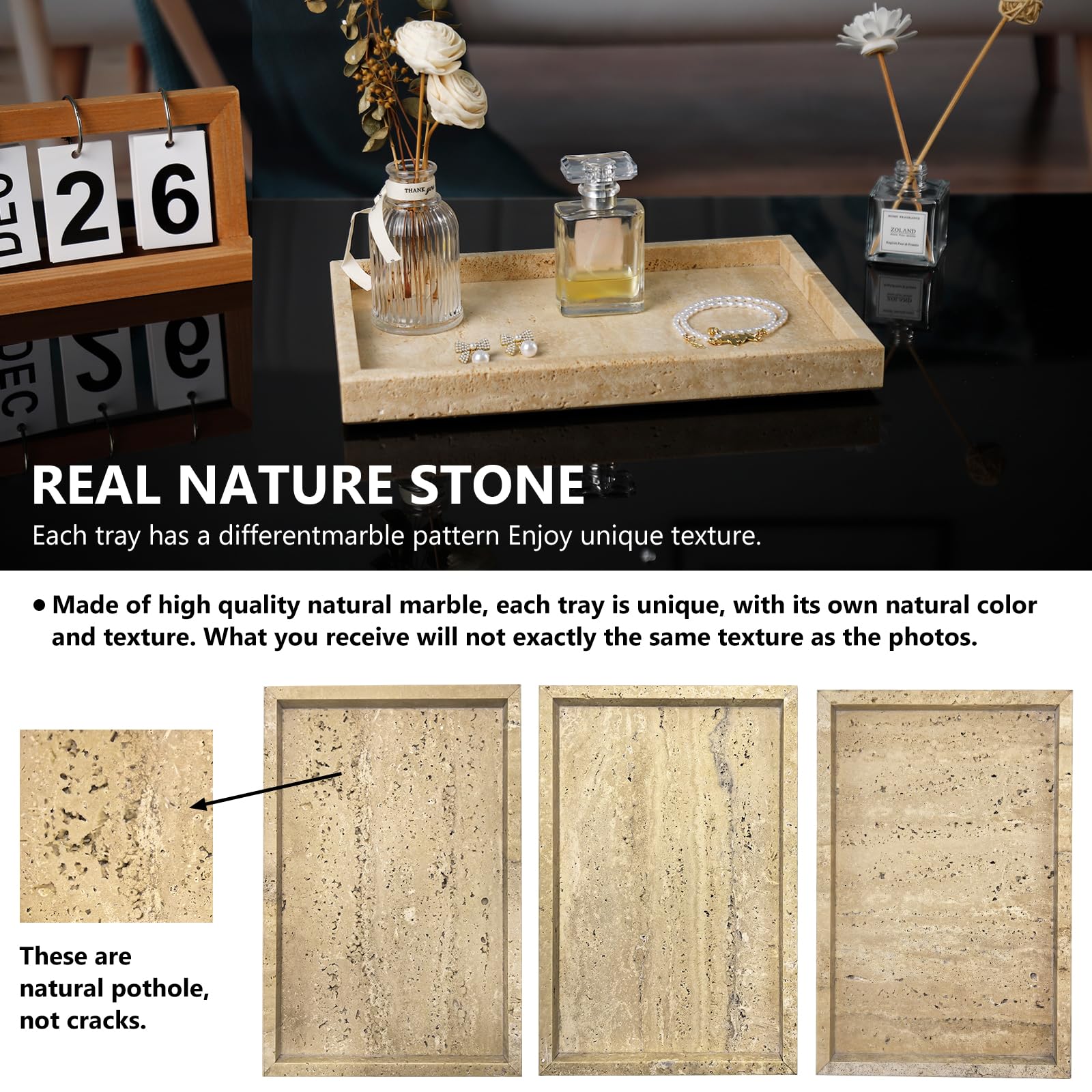 Zilukar travertine tray underside with anti-skid pads protecting counters