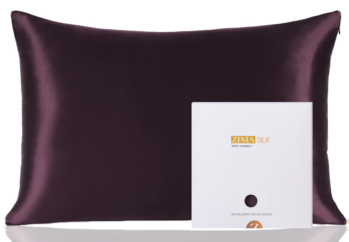 ZIMASILK front view eggplant purple pillowcase showing smooth finish and luxury comfort