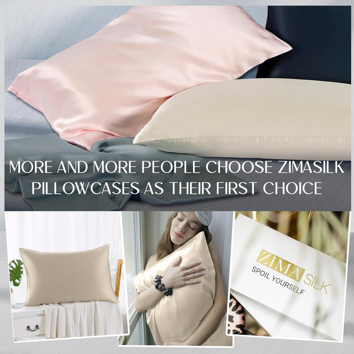 ZIMASILK hand touching silk surface showing texture and low-friction benefit for hair