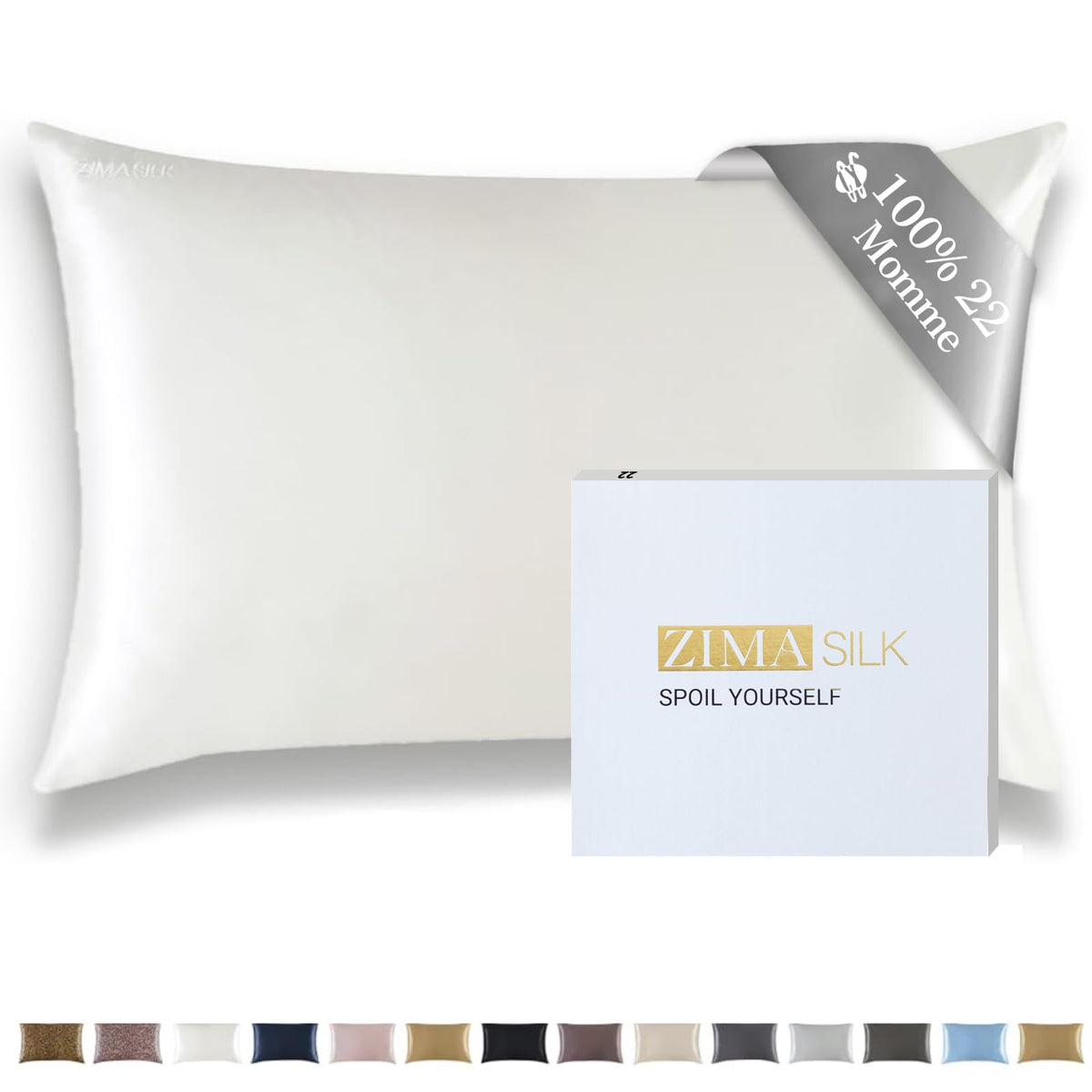 ZIMASILK ivory pillowcase front view showing smooth silk and neat finish benefit: luxurious comfort