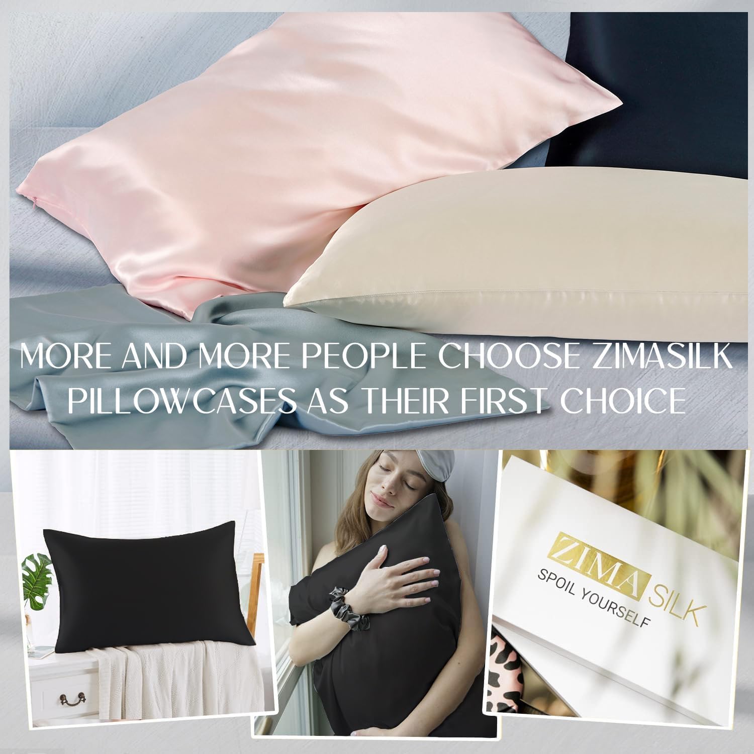 ZIMASILK pillowcase beside a ruler showing queen size scale and accurate fit for standard pillows