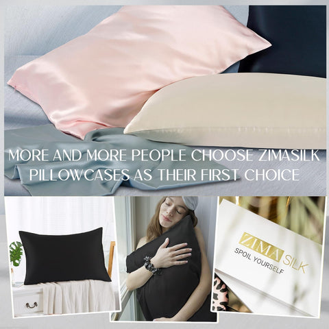 ZIMASILK pillowcase beside a ruler showing queen size scale and accurate fit for standard pillows