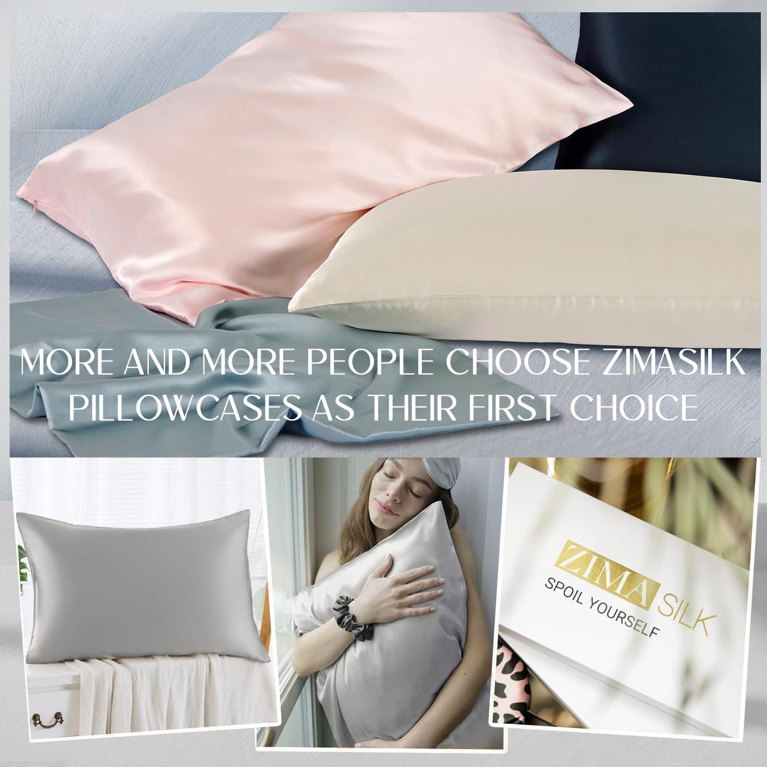ZIMASILK model resting hair on silk pillowcase showing reduced frizz benefit