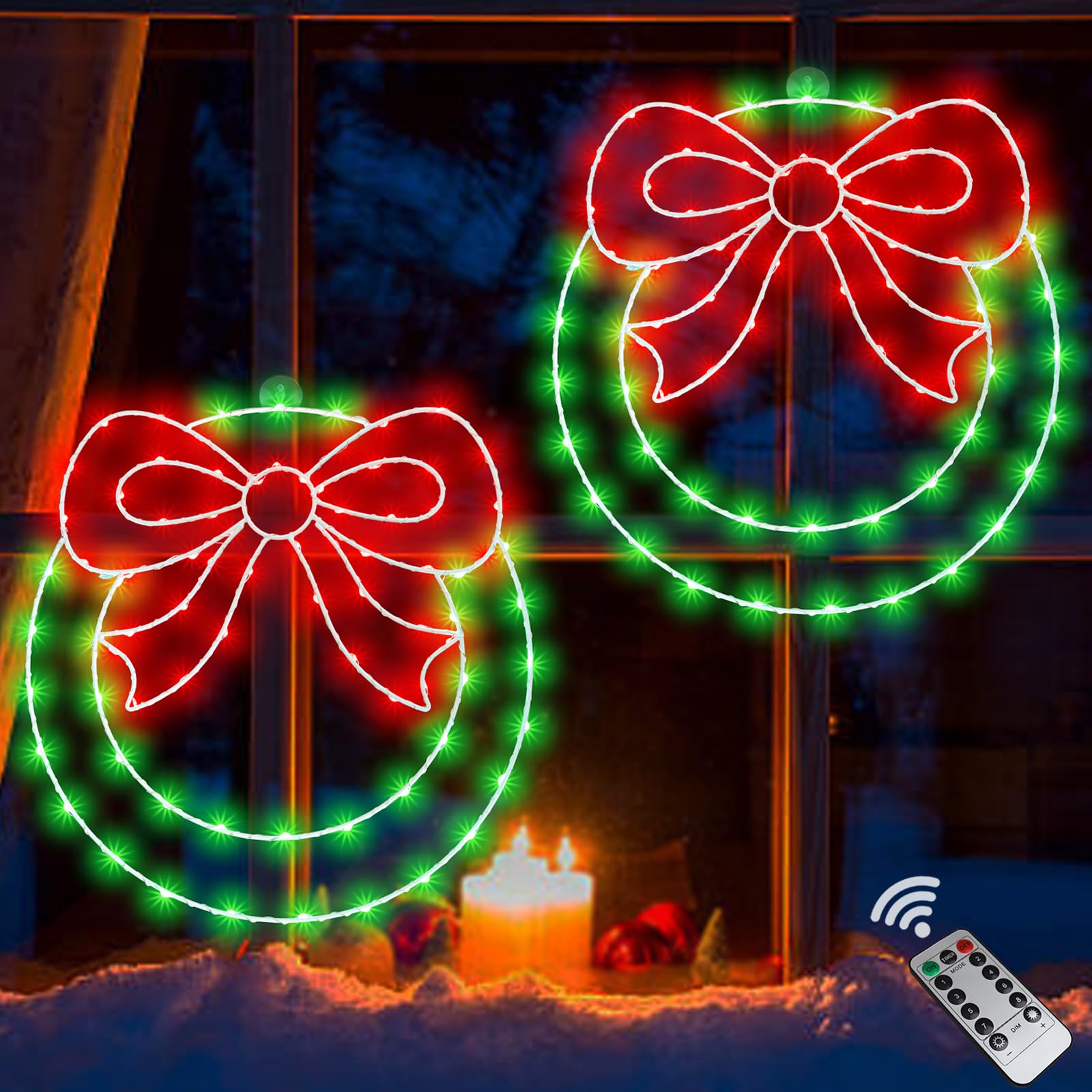 Zimati front view of both 14-inch wreaths showing silhouette and bow accent for bright holiday display