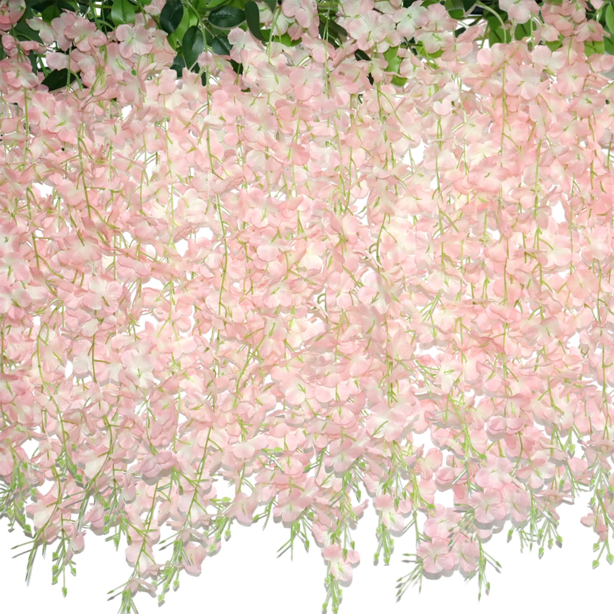 ZINHO front view of pink wisteria garland showing full hanging strands and romantic look