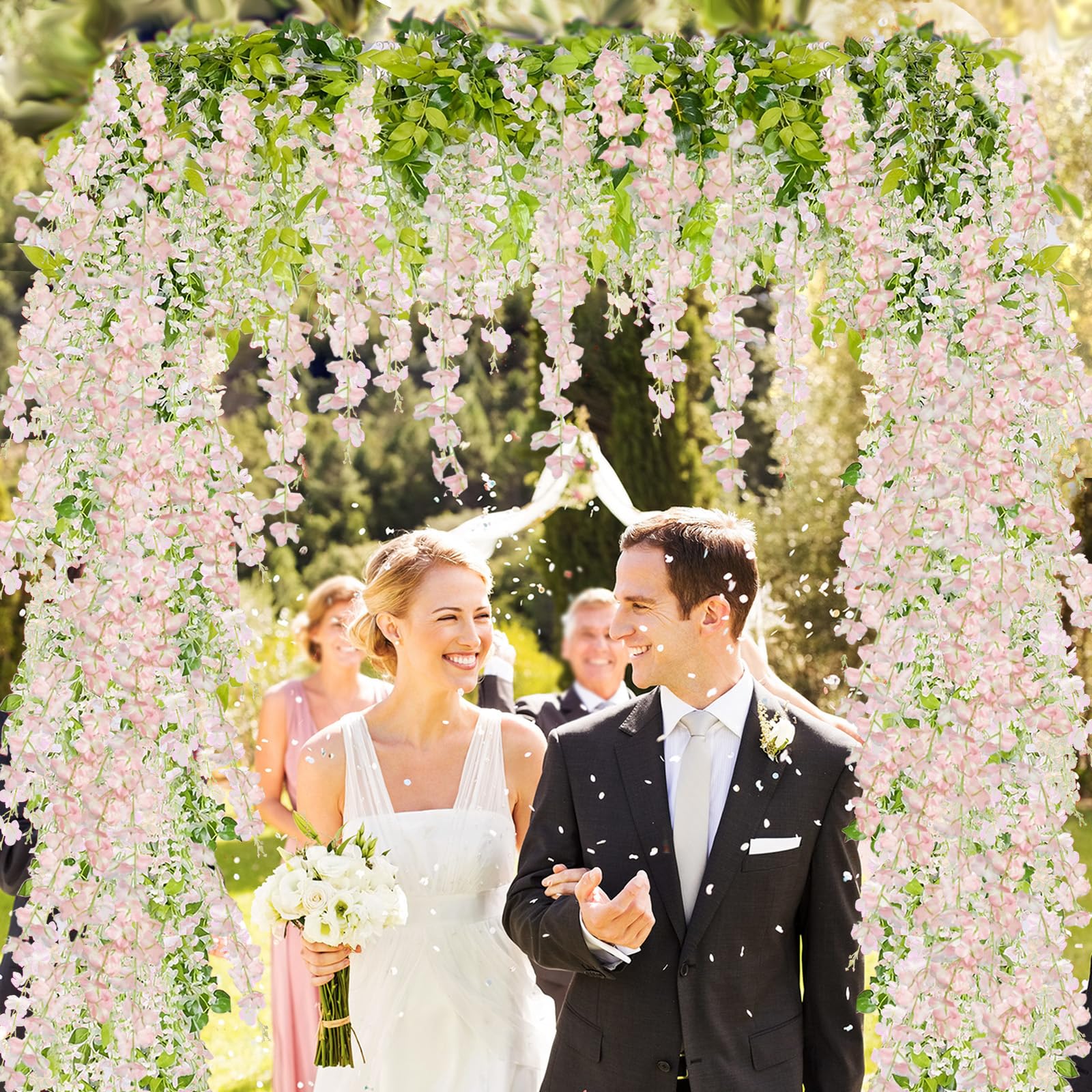 ZINHO wisteria hanging on wedding arch creating a lush ceremony backdrop