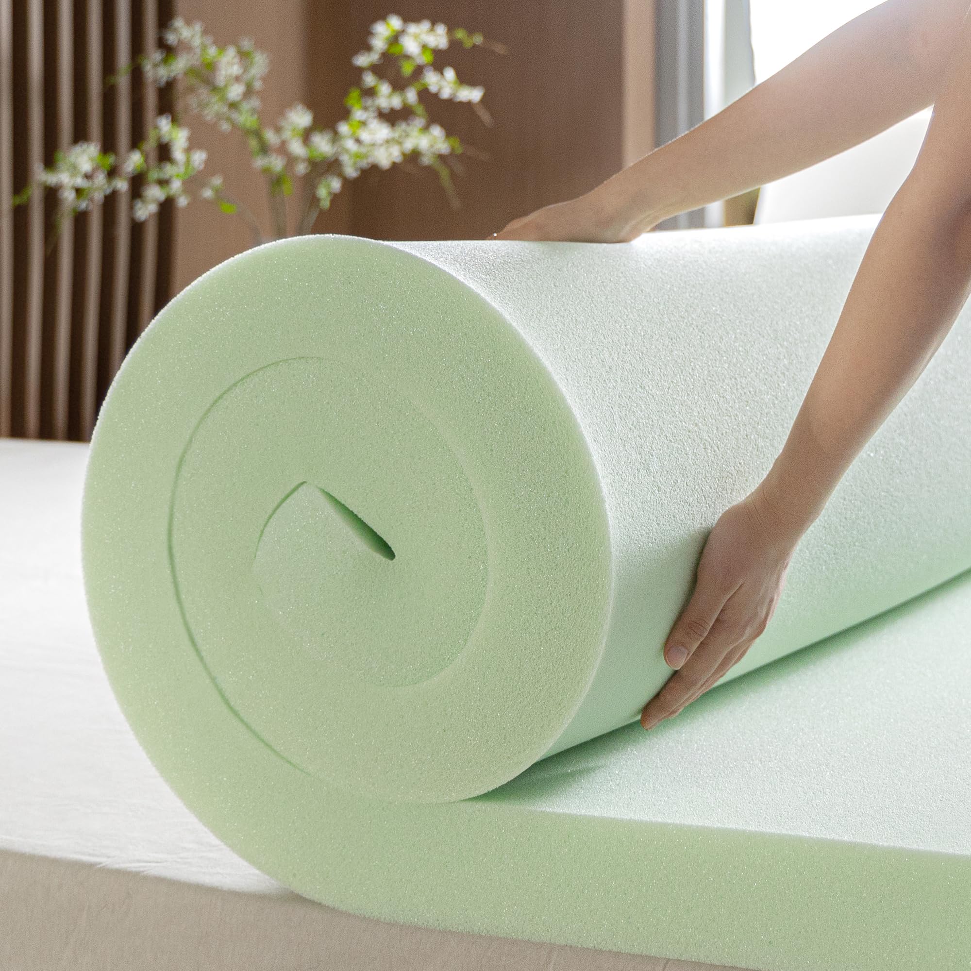 Zinus foam detail showing green tea and charcoal infusion benefits