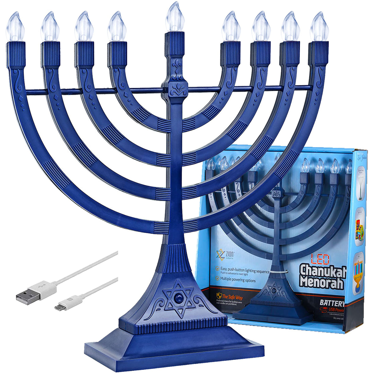 Zion Judaica menorah front view showing nine-branched LED design and bright blue finish
