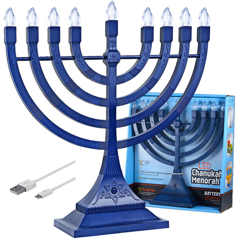 Zion Judaica menorah front view showing nine-branched LED design and bright blue finish