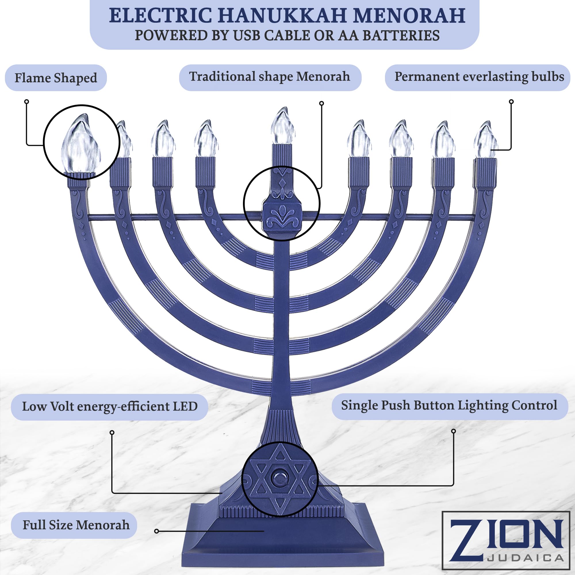 Zion Judaica menorah displayed in family room providing safe festive ambiance