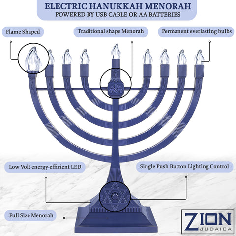 Zion Judaica menorah displayed in family room providing safe festive ambiance