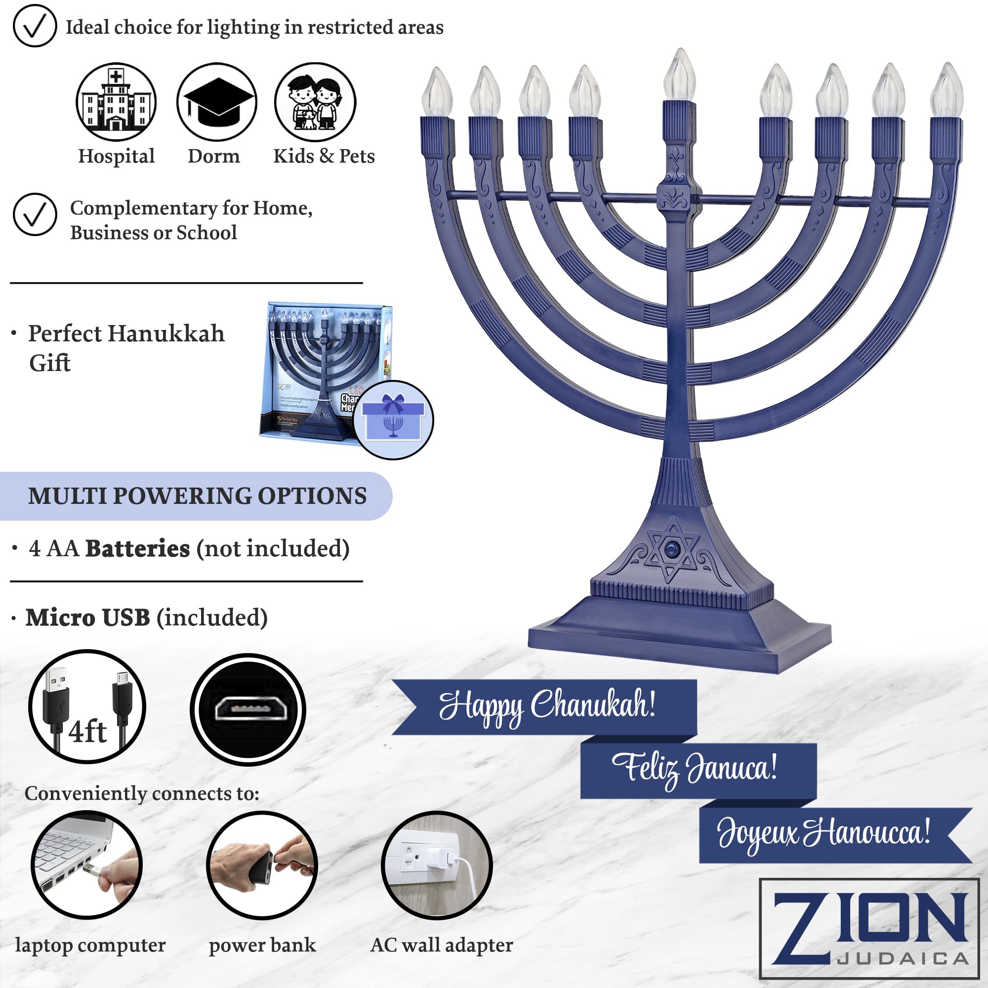 Zion Judaica close-up of flame-shaped LED bulbs offering safe, consistent glow