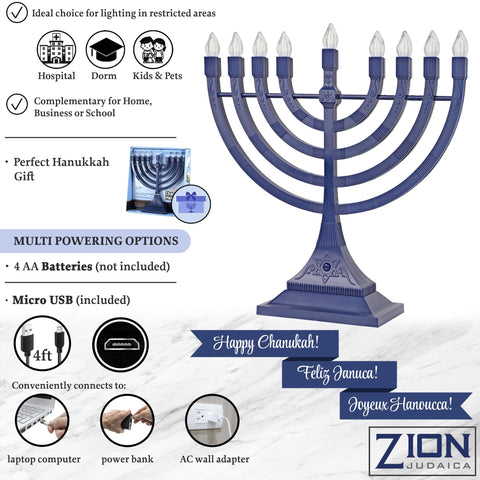 Zion Judaica close-up of flame-shaped LED bulbs offering safe, consistent glow