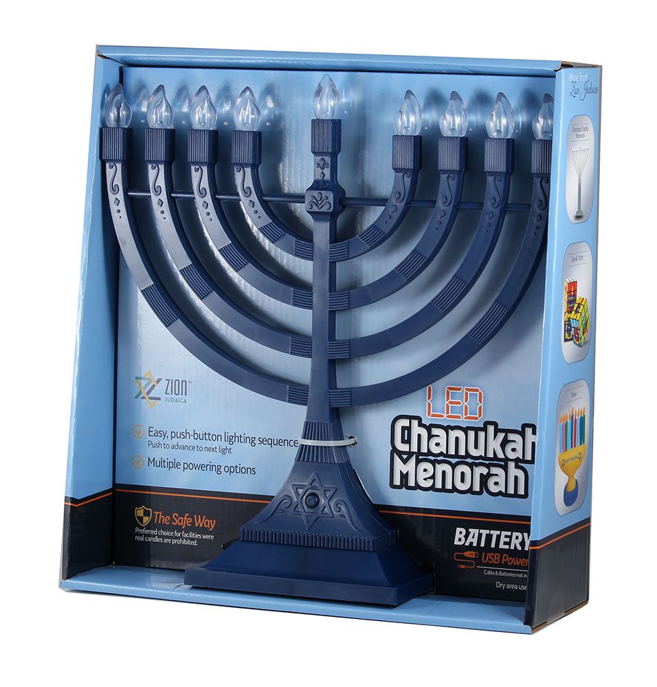 Zion Judaica menorah on mantel illustrating compact size and stable base