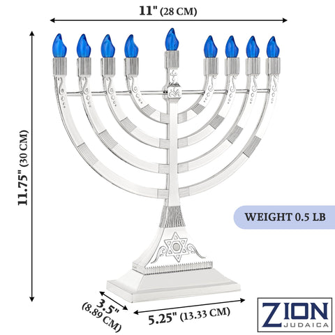 Zion Judaica lit on a dining table demonstrating safe flame-free holiday lighting