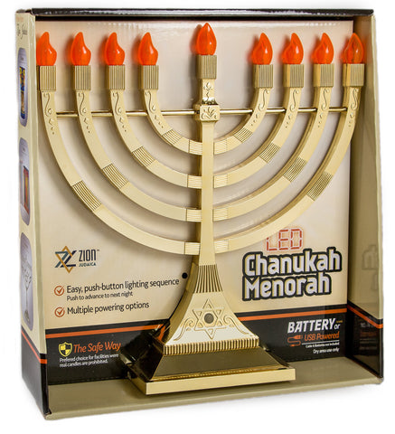 Zion Judaica close-up of flame-shaped LED bulbs highlighting no-replacement convenience