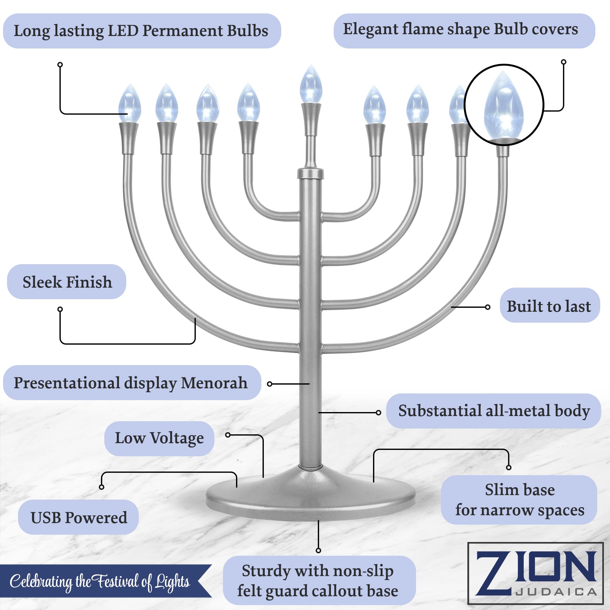 Zion Judaica close-up of flame-shaped LED bulbs, realistic warm glow