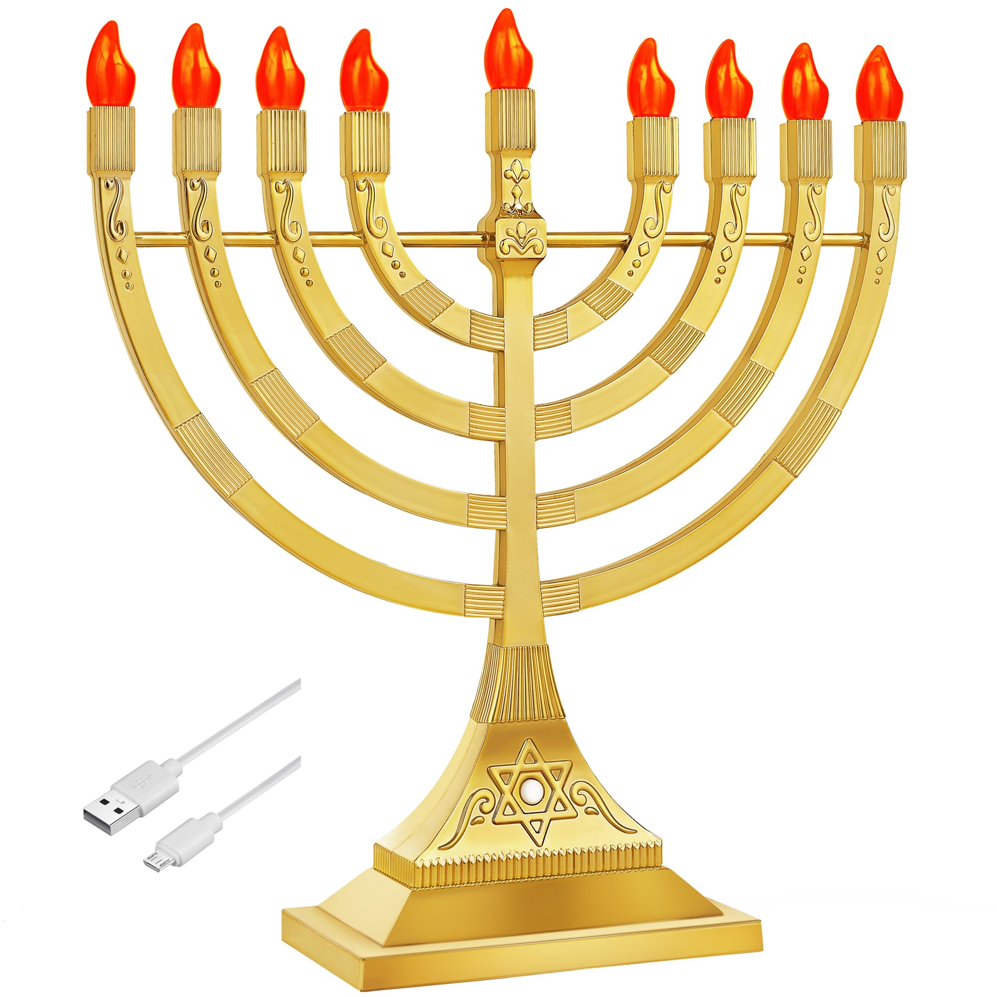 Zion Judaica front view of glossy gold menorah showing elegant profile and balance