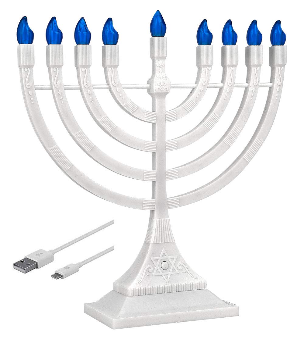 Zion Judaica front view menorah showing nine-branched blue LED flame bulbs and elegant body