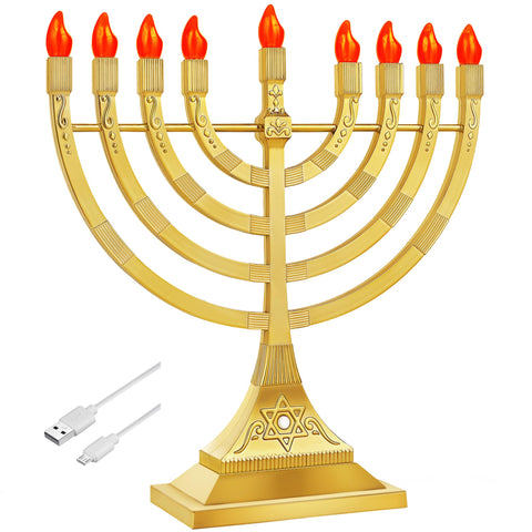 Zion Judaica front view of glossy gold menorah showing elegant profile and balance