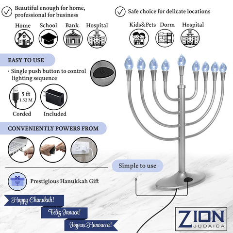Zion Judaica menorah beside a book to show 14 inch height and scale