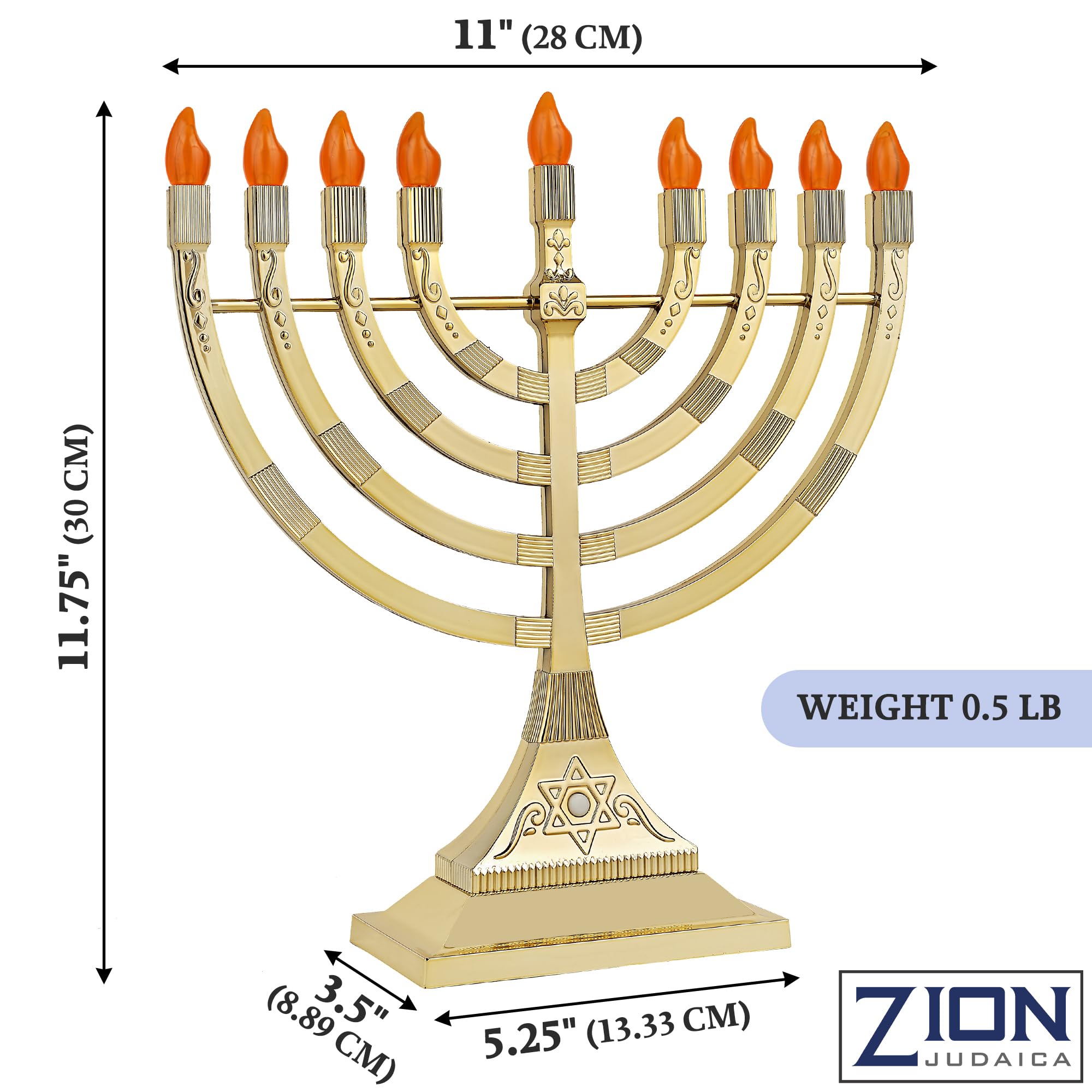 Zion Judaica menorah on table with ruler for size comparison and stable base