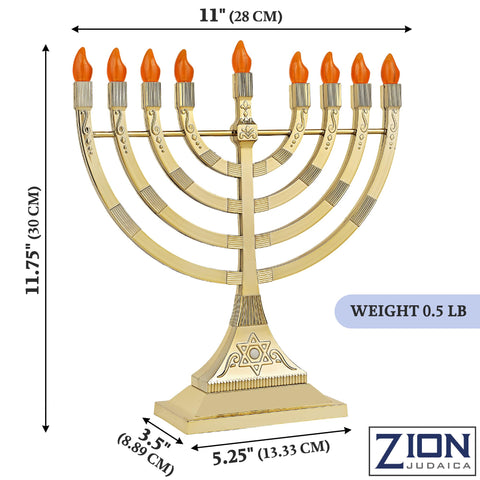 Zion Judaica menorah on table with ruler for size comparison and stable base