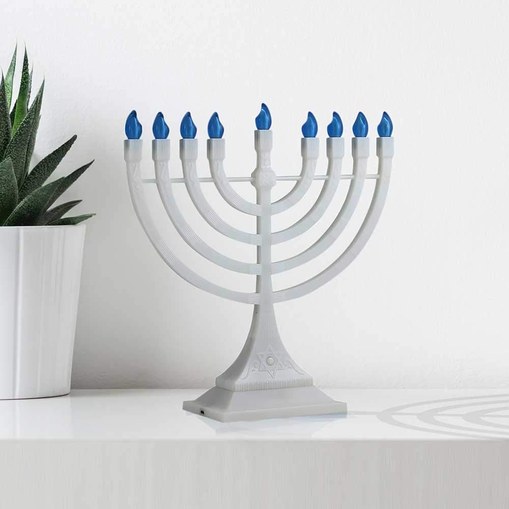 Zion Judaica close-up of USB port and Star of David button for easy power and one-touch lighting
